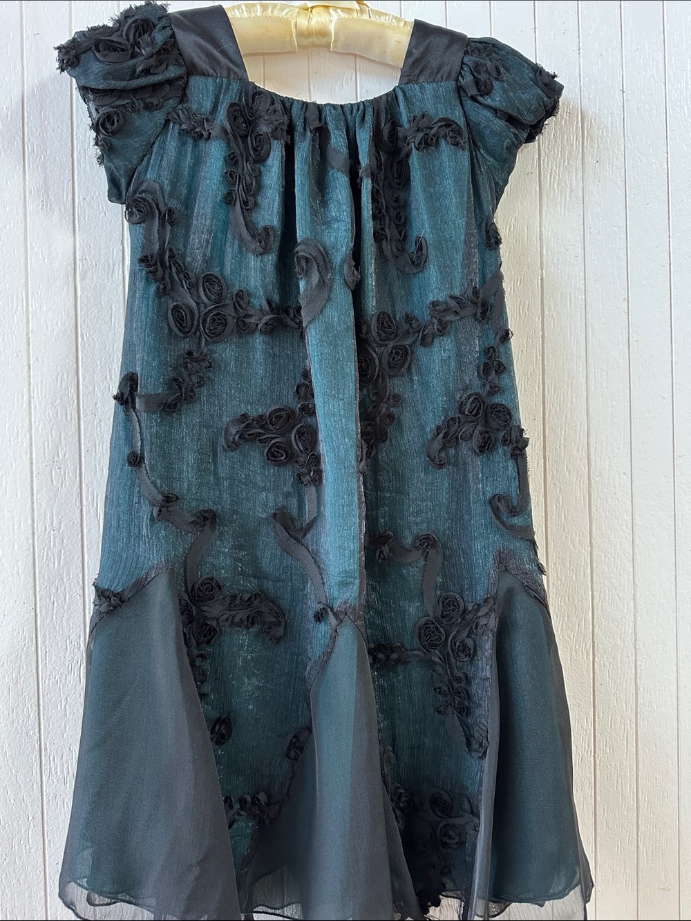 Isobella & Chloe Teal and Black Floral Appliqué Sheer Dress